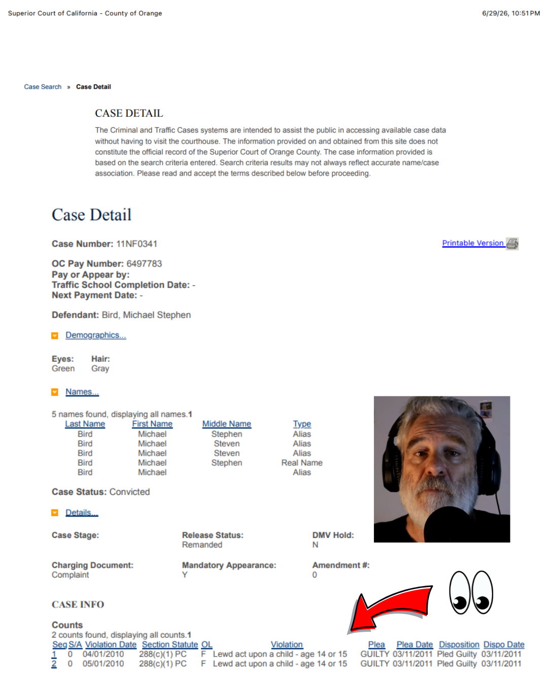 Court case-detail record for case 11NF0341, page 1: the charges, the two felony counts, and the guilty pleas entered on 2011-03-11.