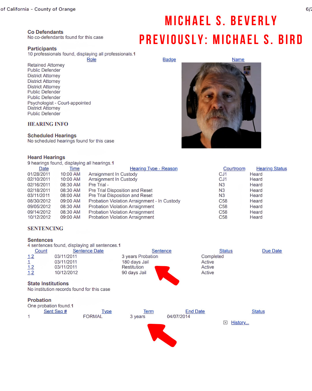 Court case-detail record for case 11NF0341, page 2: the hearings, the sentence (180 days in jail, three years of formal probation, and restitution), and the 2012 probation violation.
