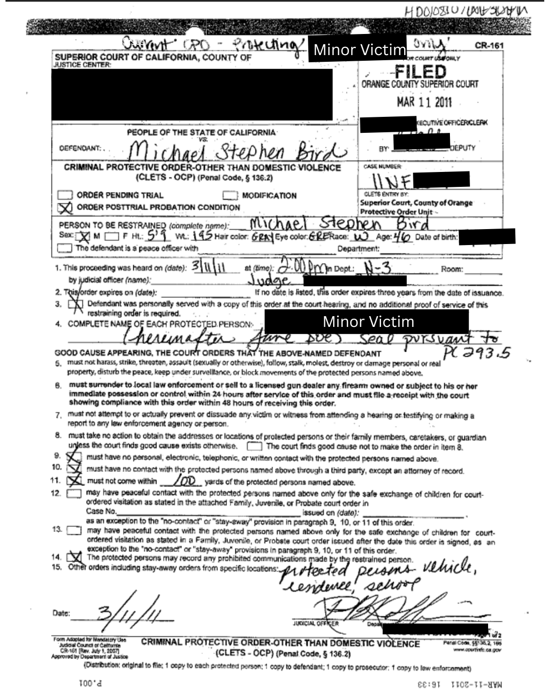 2011 Criminal Protective Order (form CR-161); the protected minor's identity is sealed and redacted.
