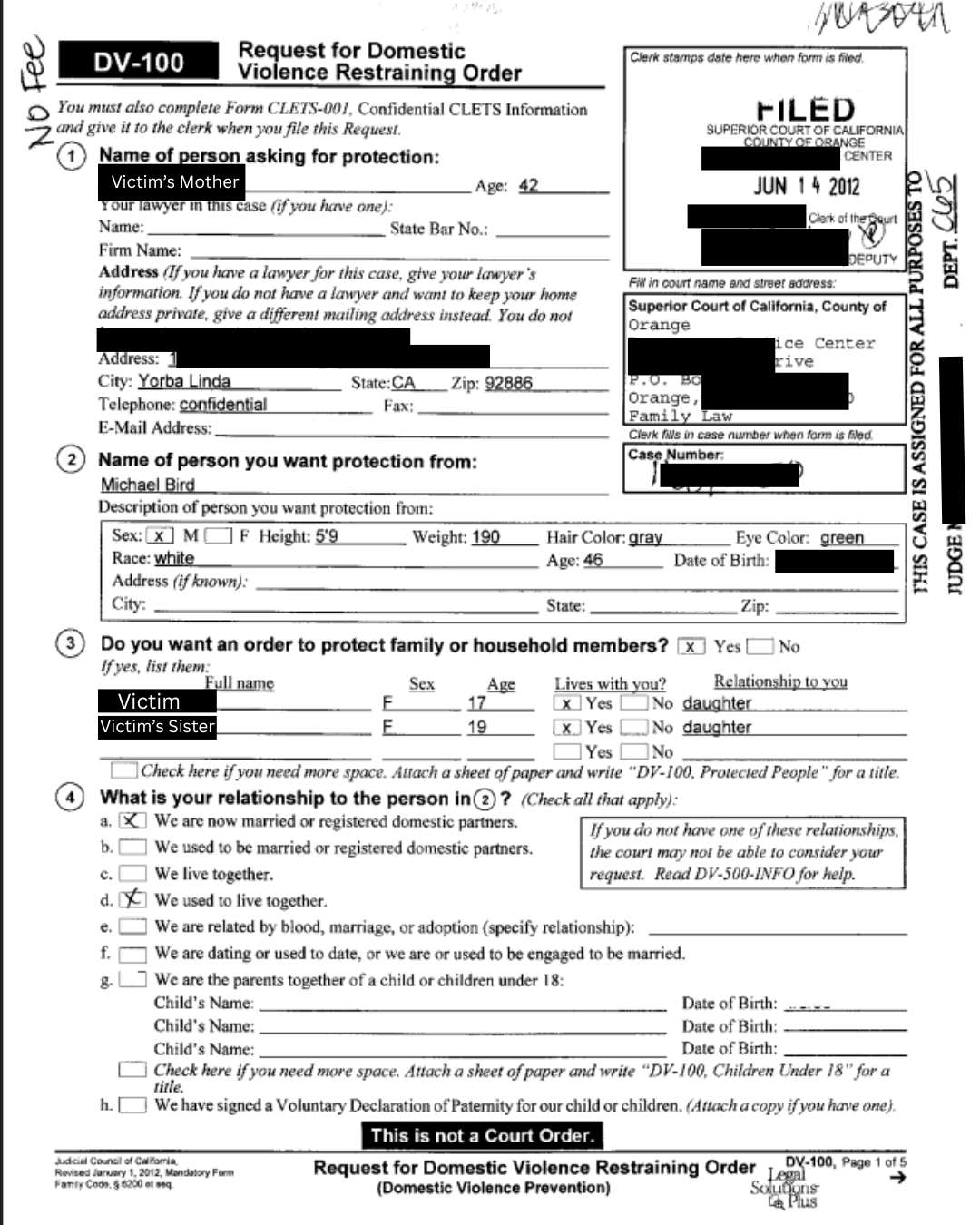 2012 DV-100 restraining-order request, page 1 — all individual identities redacted.