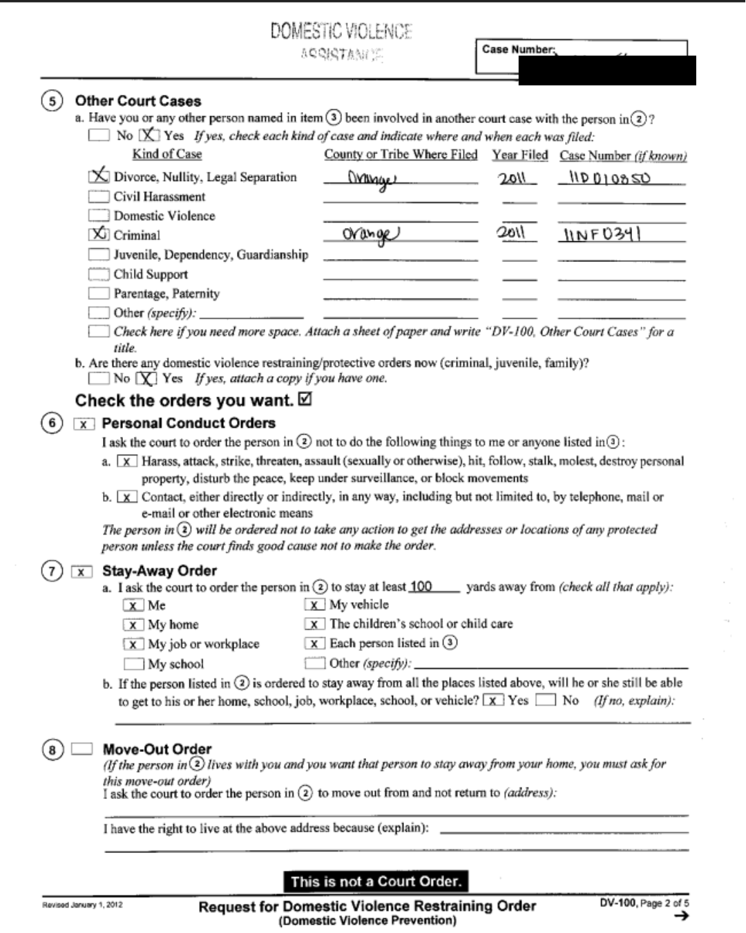 2012 DV-100 restraining-order request, page 2 — all individual identities redacted.