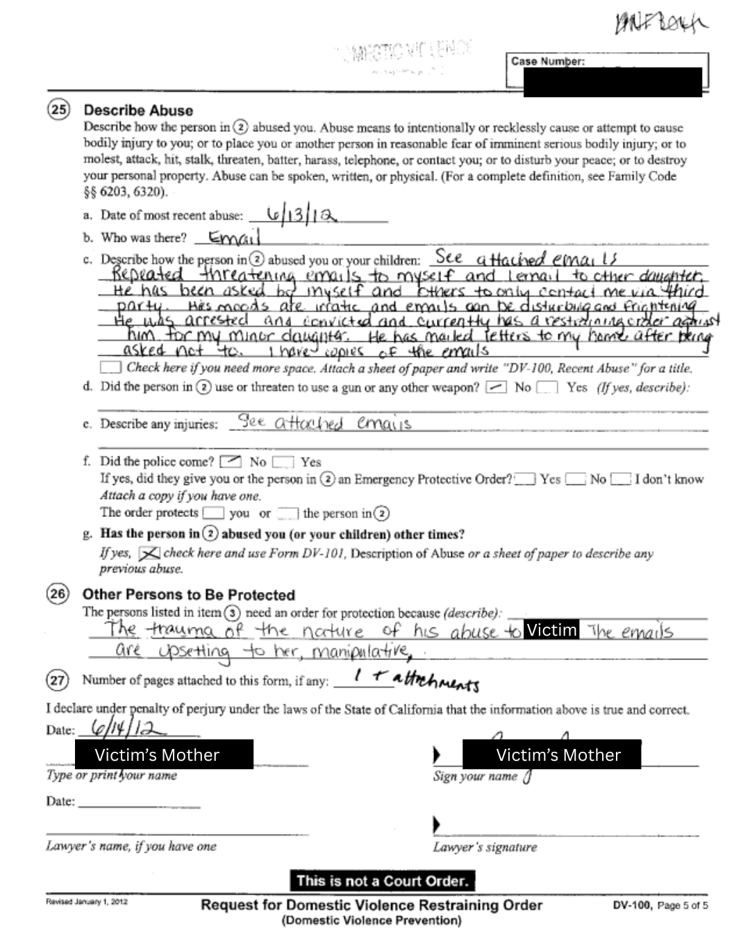 2012 DV-100 restraining-order request, page 3 — all individual identities redacted.