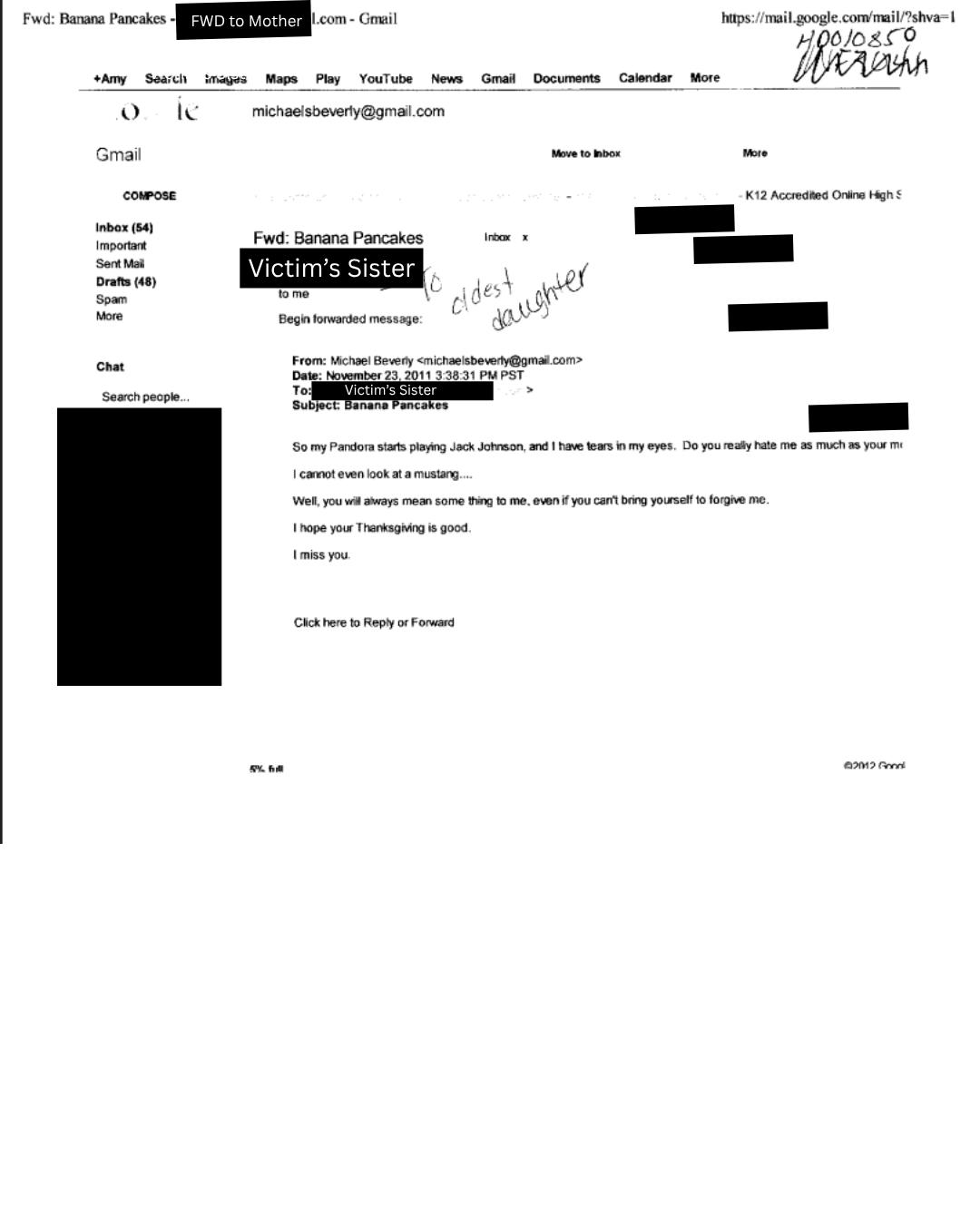 Email filed as protective-order evidence — recipients and third-party identities redacted.