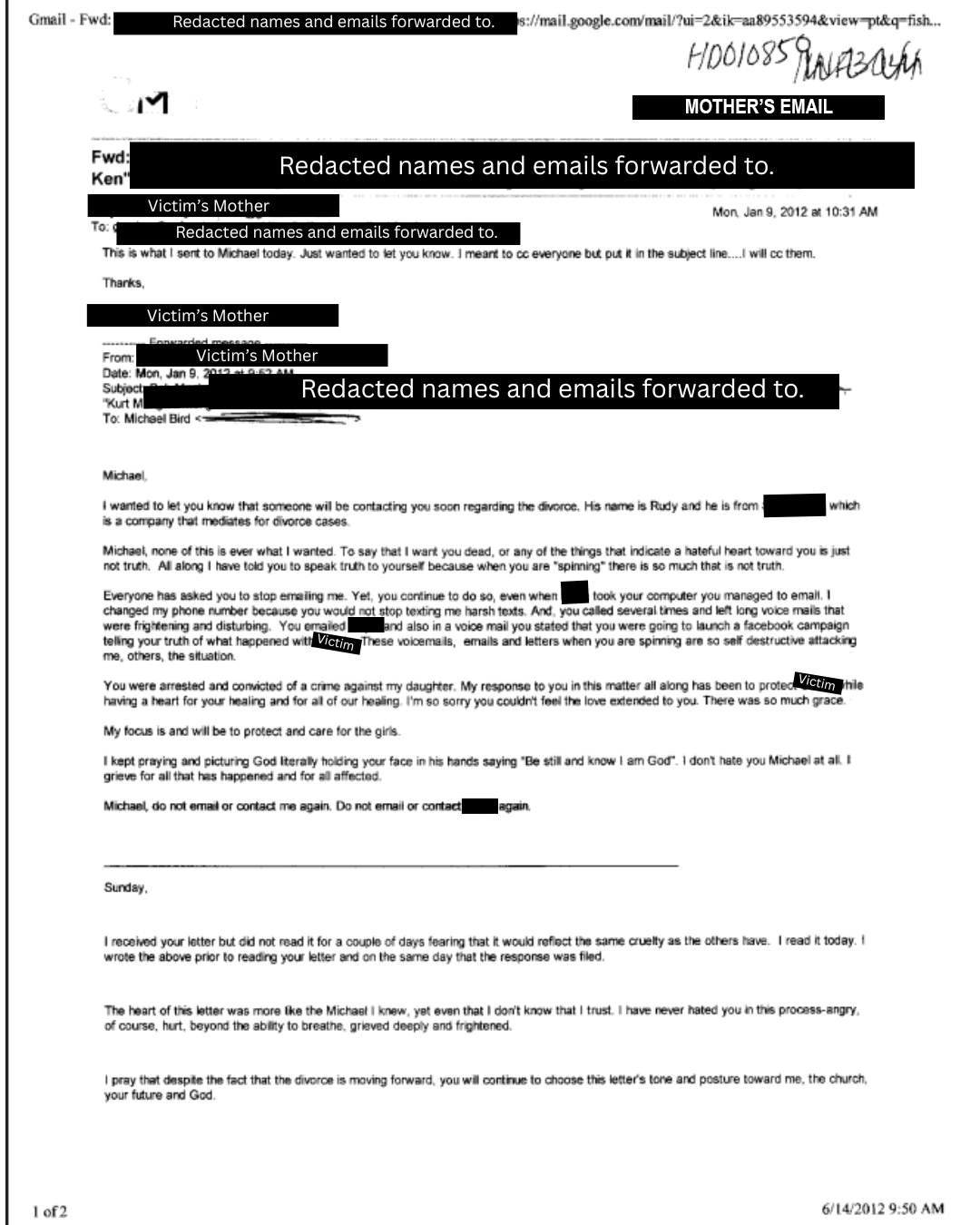 Email filed as protective-order evidence — recipients and third-party identities redacted.