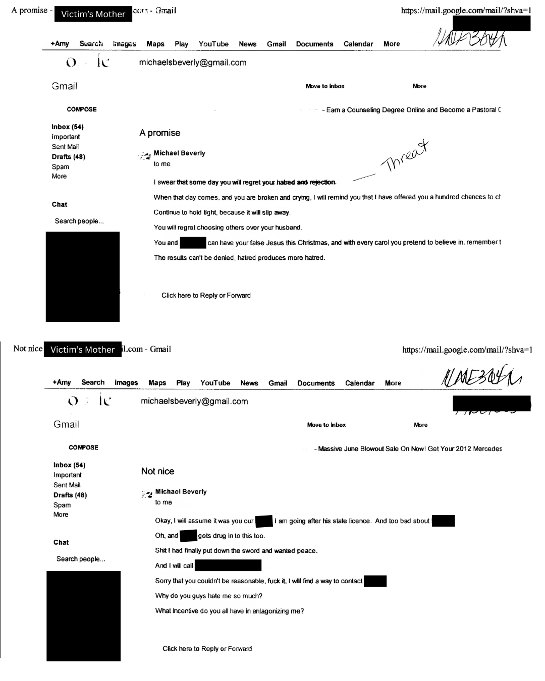 Email filed as protective-order evidence — recipients and third-party identities redacted.