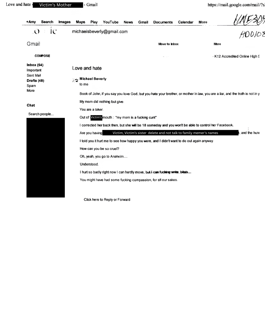 Email filed as protective-order evidence — recipients and third-party identities redacted.