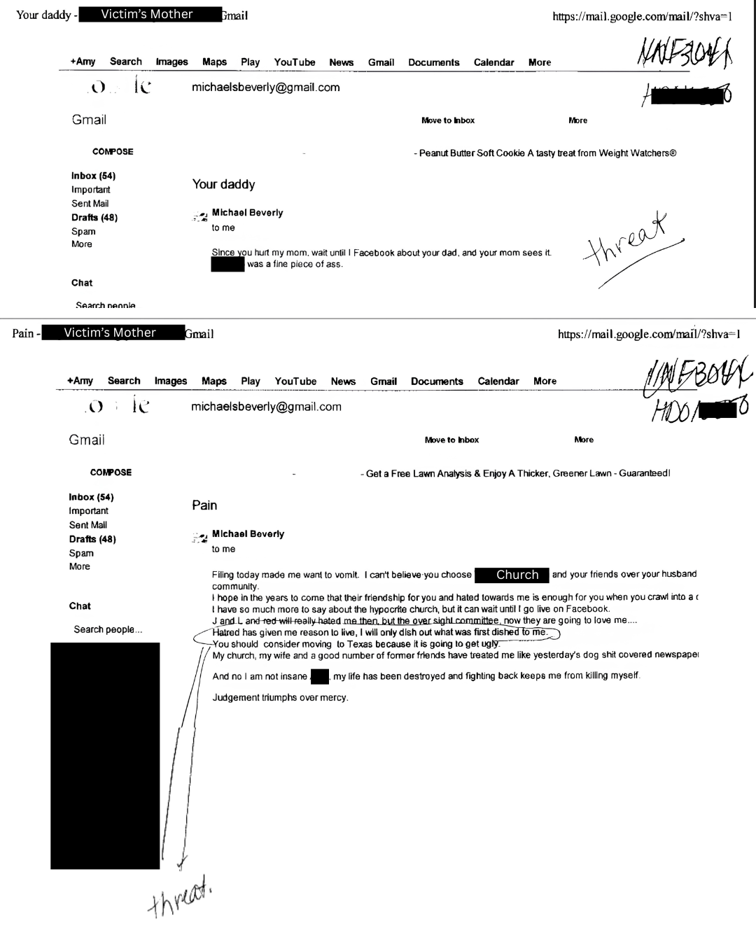 Email filed as protective-order evidence — recipients and third-party identities redacted.