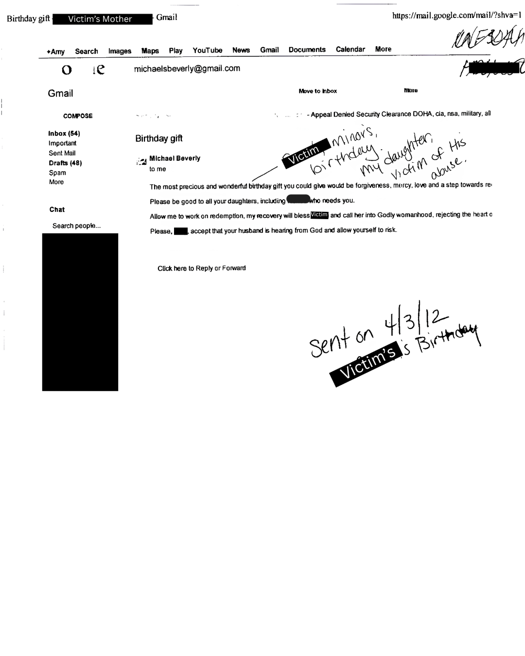 Email filed as protective-order evidence — recipients and third-party identities redacted.