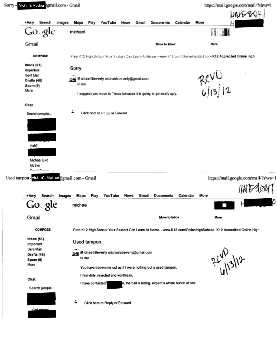 Email filed as protective-order evidence — recipients and third-party identities redacted.