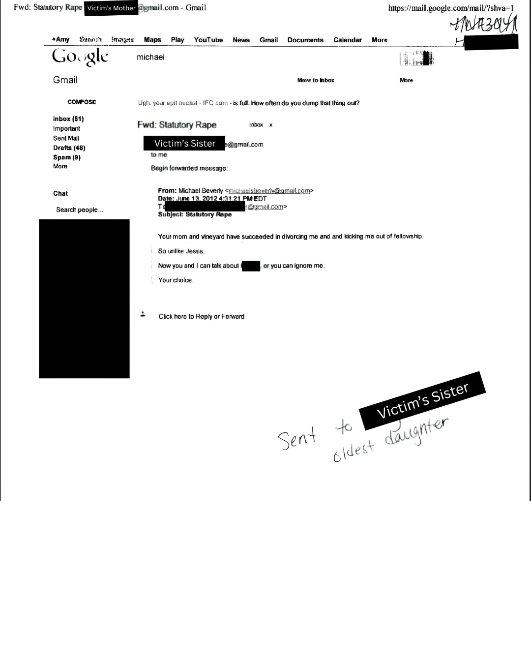 Email filed as protective-order evidence — recipients and third-party identities redacted.