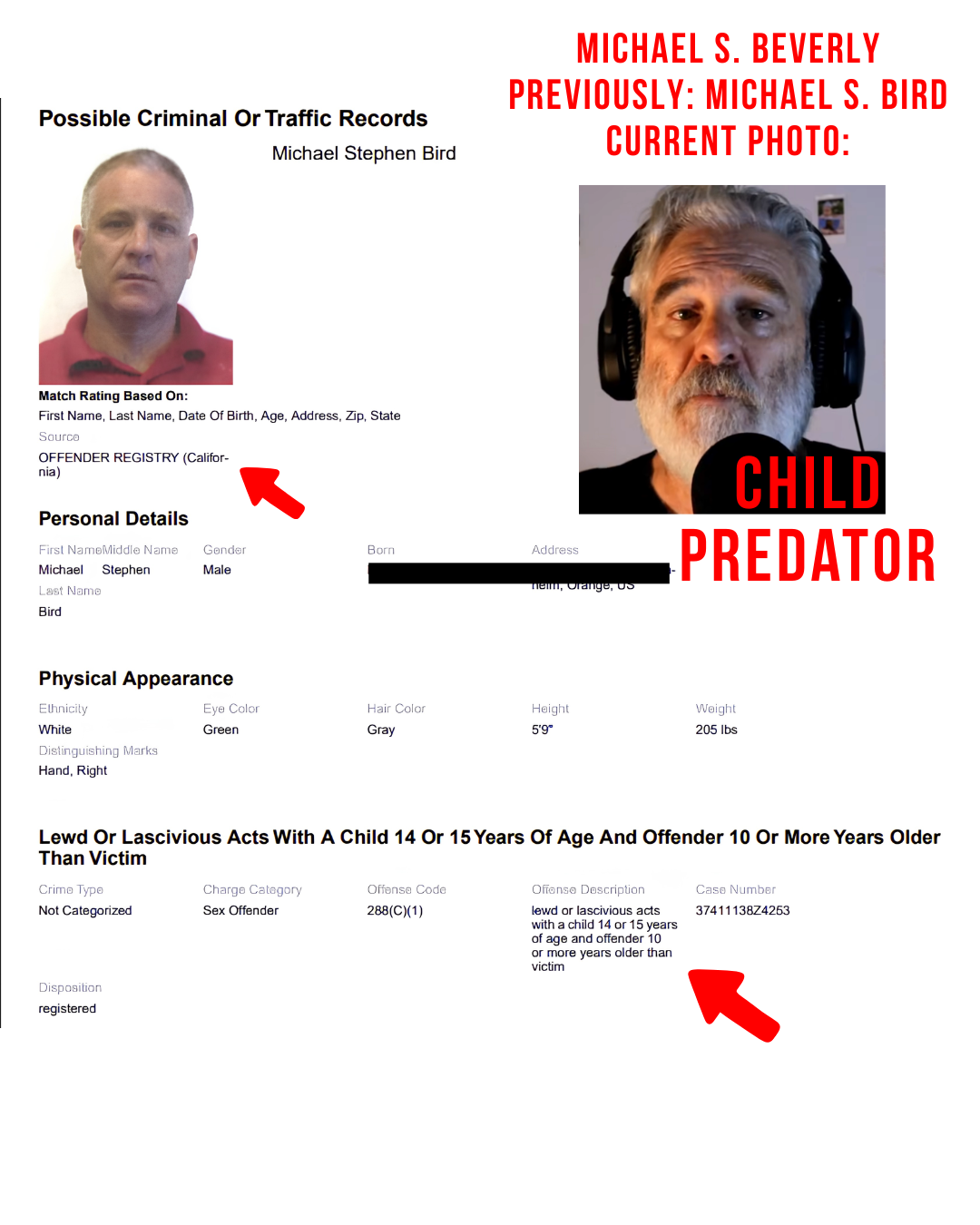 California offender-registry record for Michael Stephen Bird — offense code 288(c)(1), registry ID 37411138Z4253, disposition “registered.”