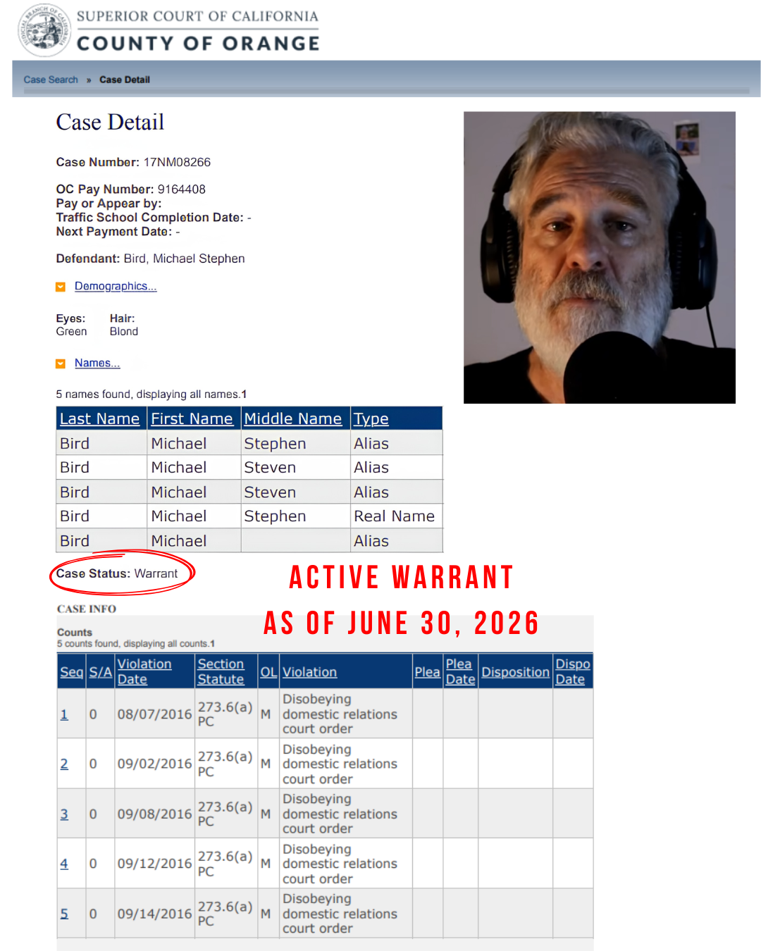 Orange County Superior Court case-detail page for case 17NM08266, listing five counts of disobeying a court order and a case status of “Warrant.”